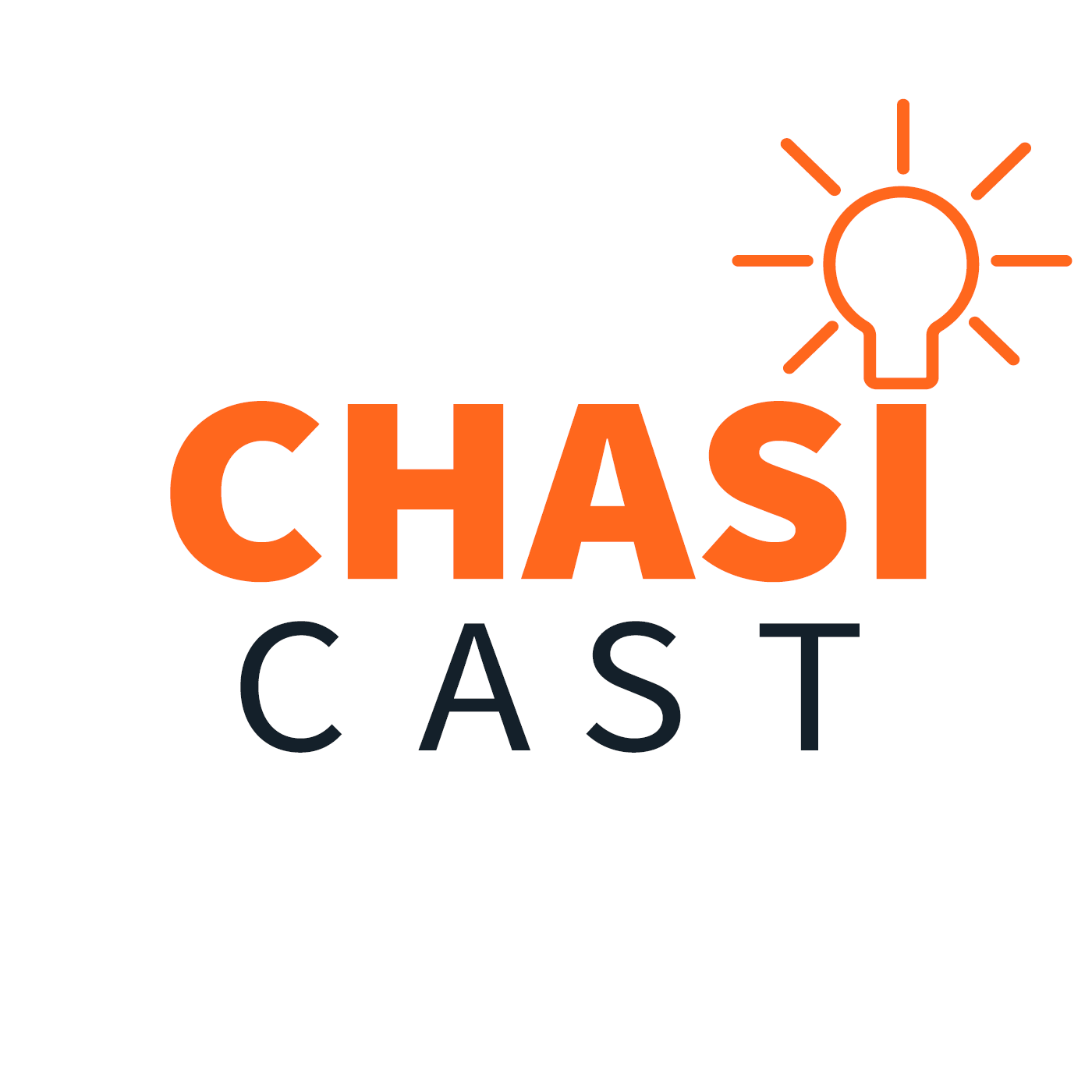 Logo for the CHASIcast. The word CHASI is in orange, and the dot of the I is replaced with an illuminated lightbulb 