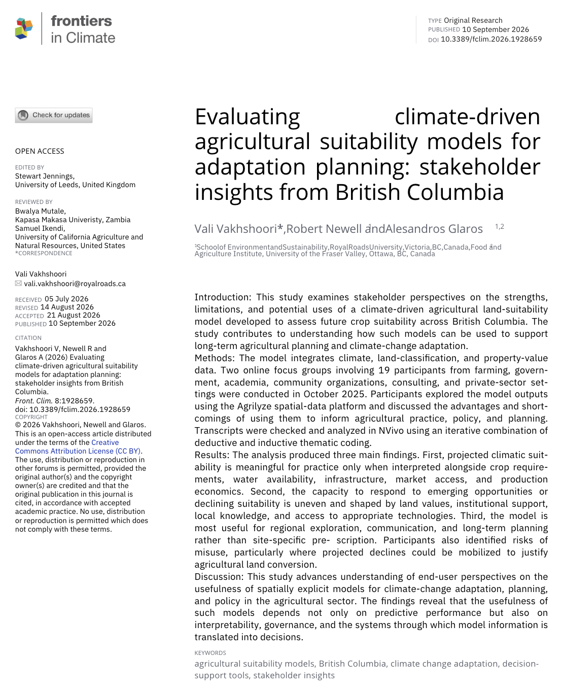 Evaluating climate-driven agricultural suitability models for adaptation planning: Stakeholder insights from British Columbia.