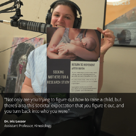 Thumbnail for the CHASIcast episode, showing Dr. Lesser sitting behind a microphone, and holding up a poster recruiting study participants.