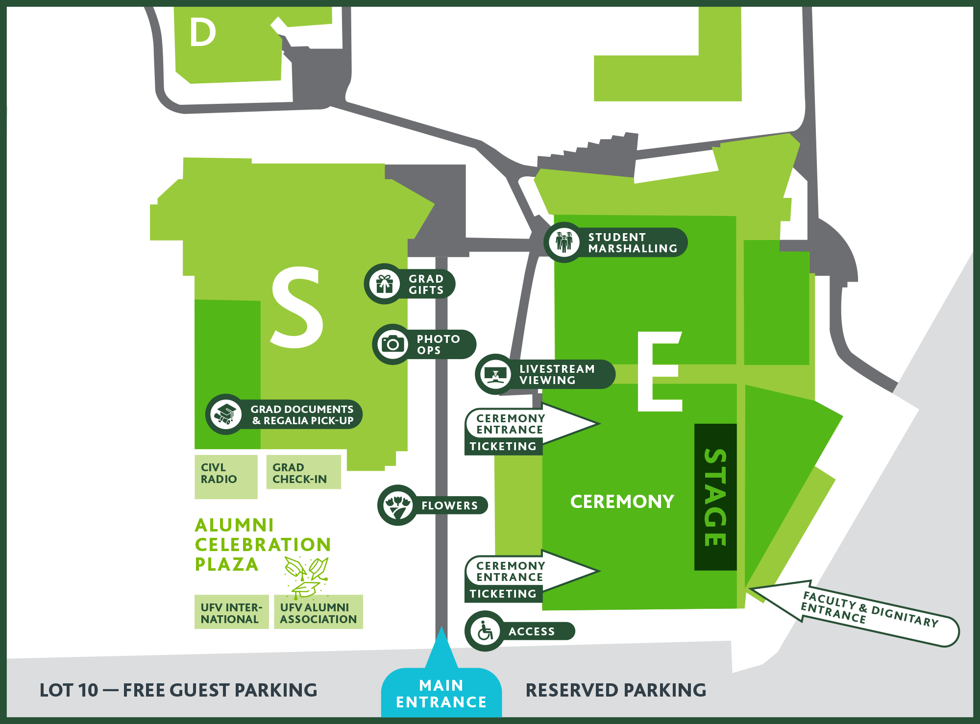 Map showing key locations for Convocation in and around the Student Union building and the Athletic Centre