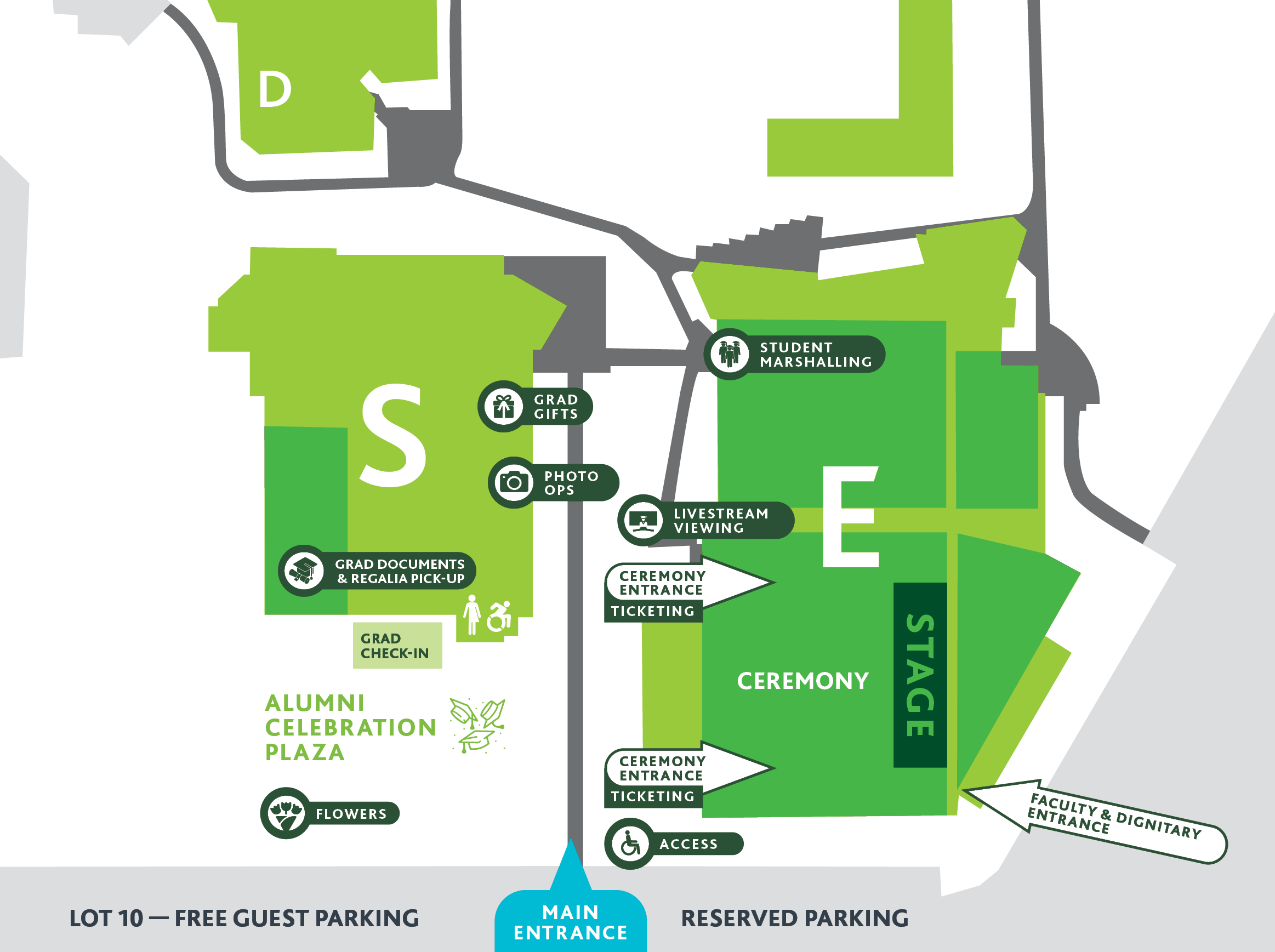 Graphic map of UFV's Abbotsford campus building's S and E