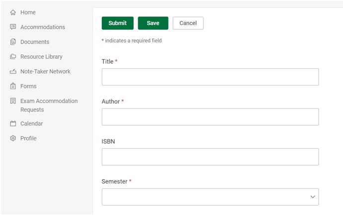 A screenshot showing blank title, author, ISBN, and semester fields.