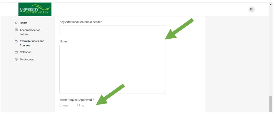 A screenshot showing fields for additional materials, notes, and a yes/no toggle for exam request approval.