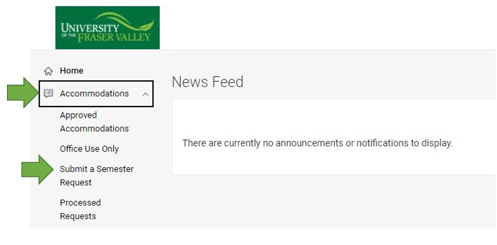 On the navigation menu, open the 'Accommodations' drop-down and select 'Submit a Semester Request.'