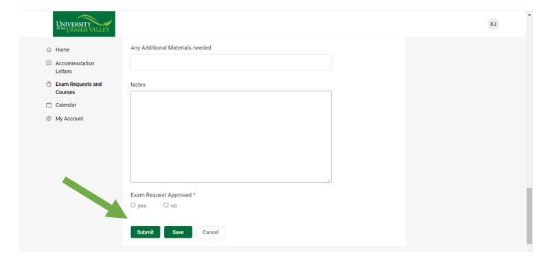 Click the 'submit' link to finalize your approval of the exam request.