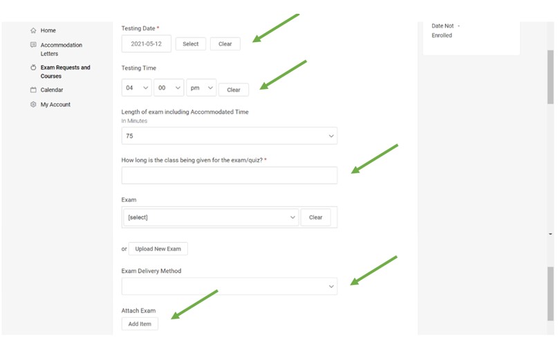 A screenshot that shows fields where faculty can input the testing date, time, exam length, and delivery method.