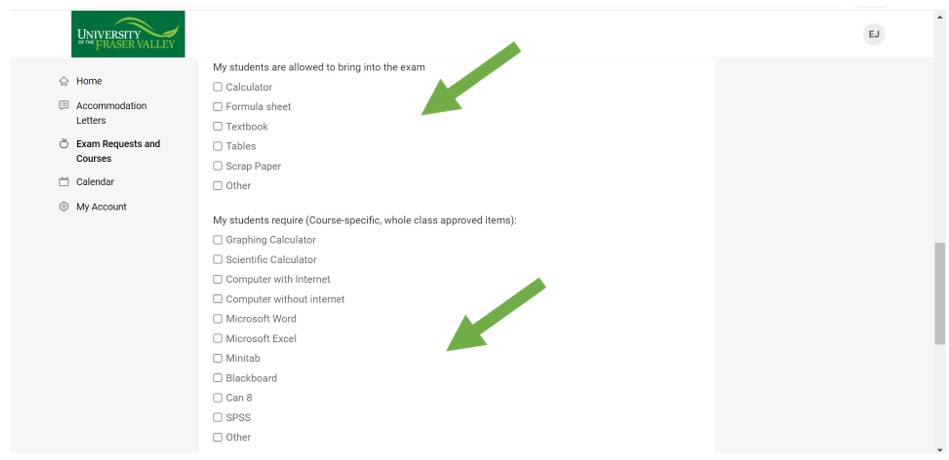 Screenshot showing a series of checkboxes with exam material options (e.g. calculator, formula sheet)