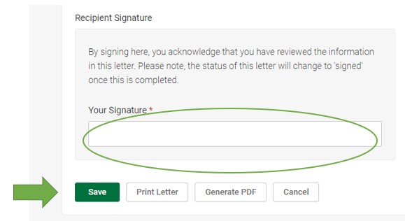 A screenshot showing a blank signature field where faculty type their names to acknowledge they have reviewed the letter.