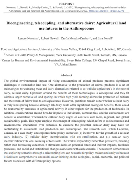 Bioengineering, telecoupling, and alternative dairy: Agricultural land use futures in the Anthropocene