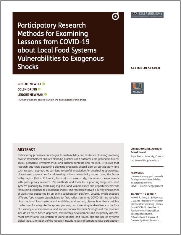 Participatory Research Methods for Examining Lessons from COVID-19 about Local Food Systems Vulnerabilities to Exogenous Shocks.