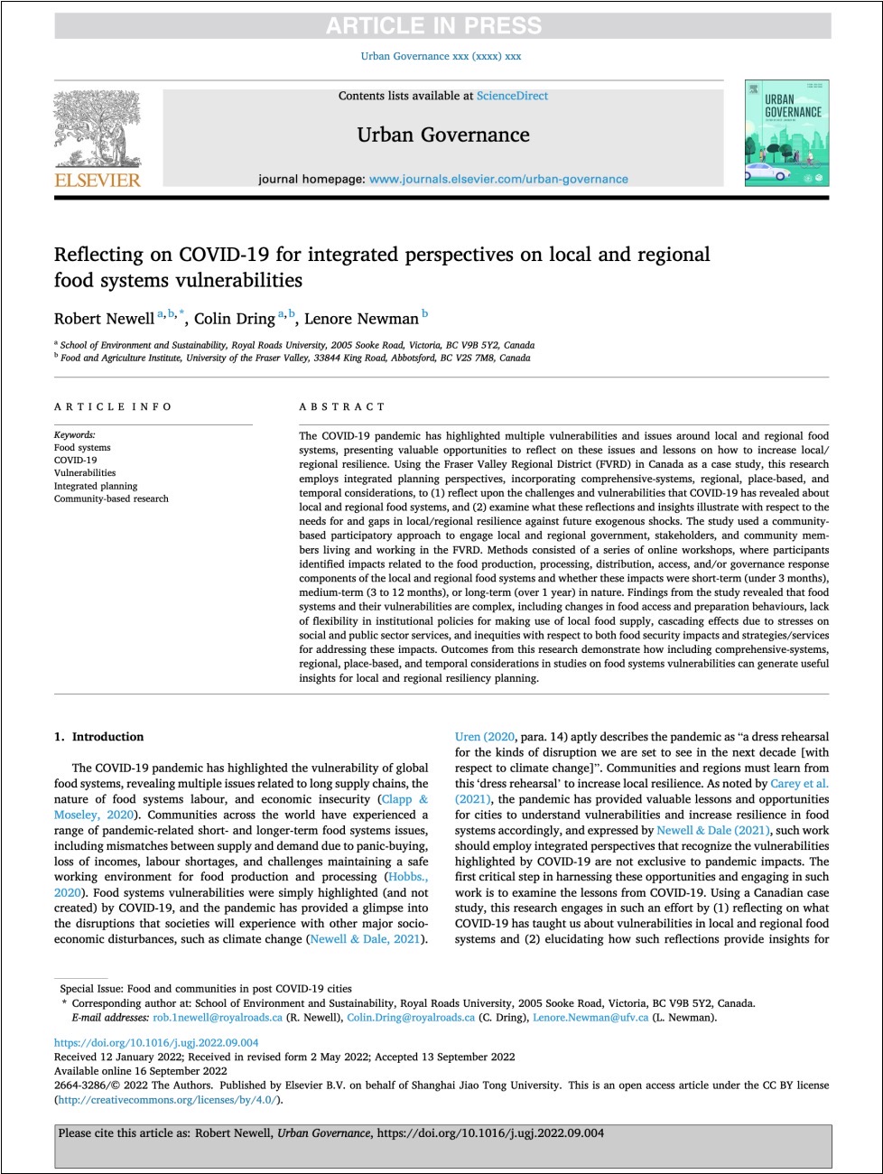 Reflecting on COVID-19 for integrated perspectives on local and regional food systems vulnerabilities