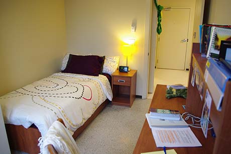 A student room in Baker with bed and desk visible