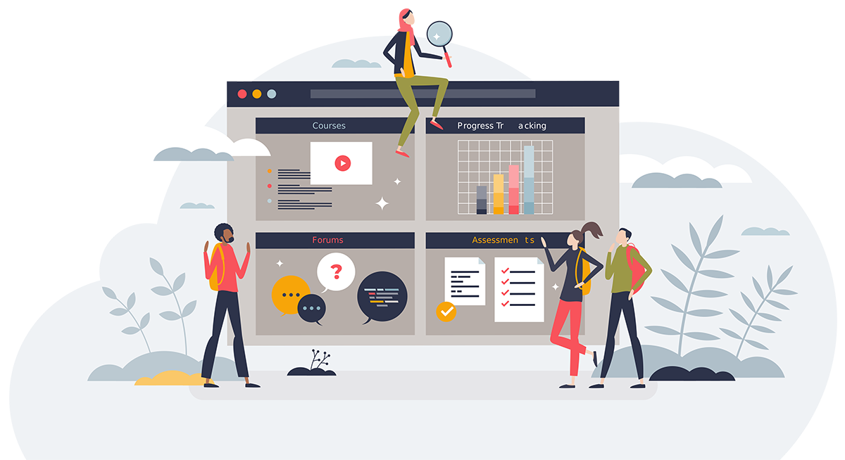 Illustration of four people interacting with an oversized web browser filled with charts, forms, and progress trackers, symbolizing data analysis or e-learning platforms.