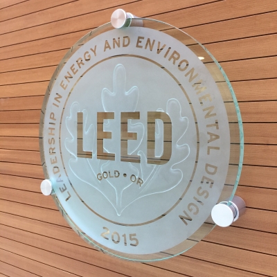 A LEED plaque is visible on the wall of building A on the Chilliwack campus.