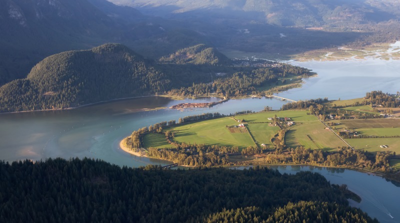An island juts into the Fraser River