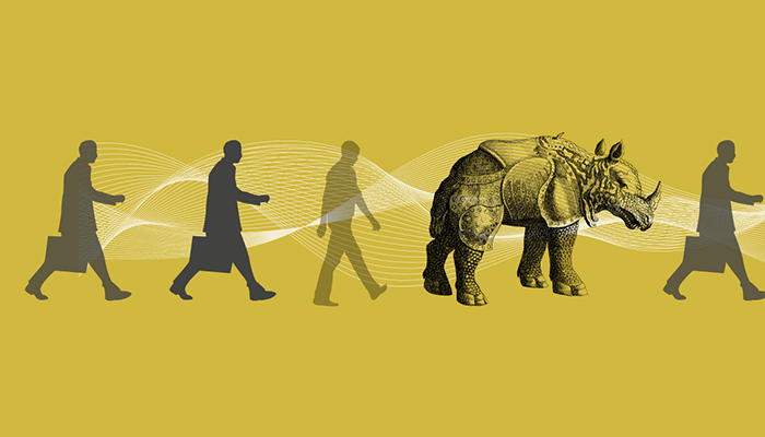 Illustration of four human shadows following each other. Between the third and the fourth, you can see a rhinoceros with an armour on this back.
