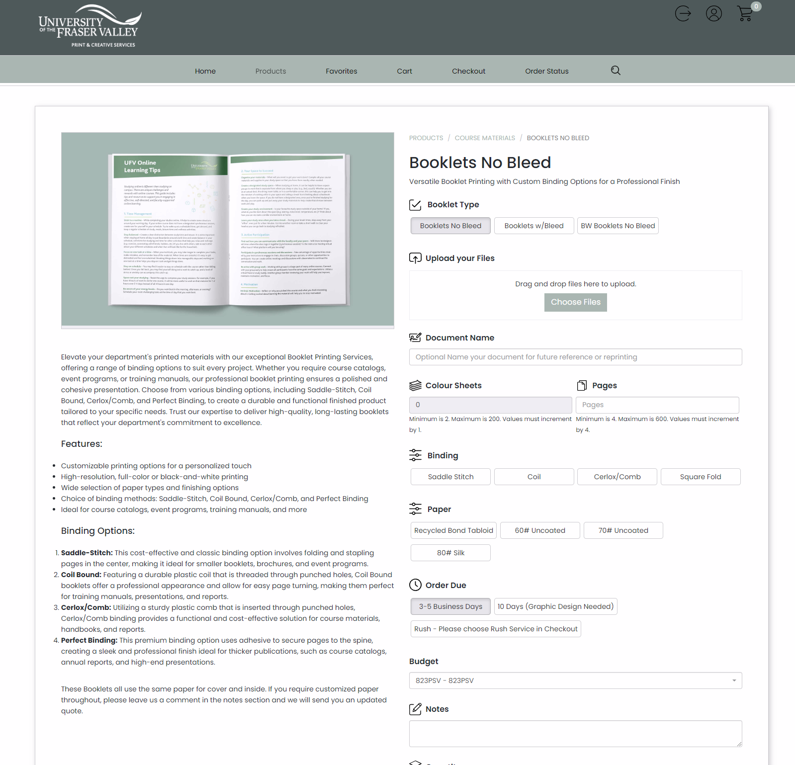 A screenshot of the booklets selection page