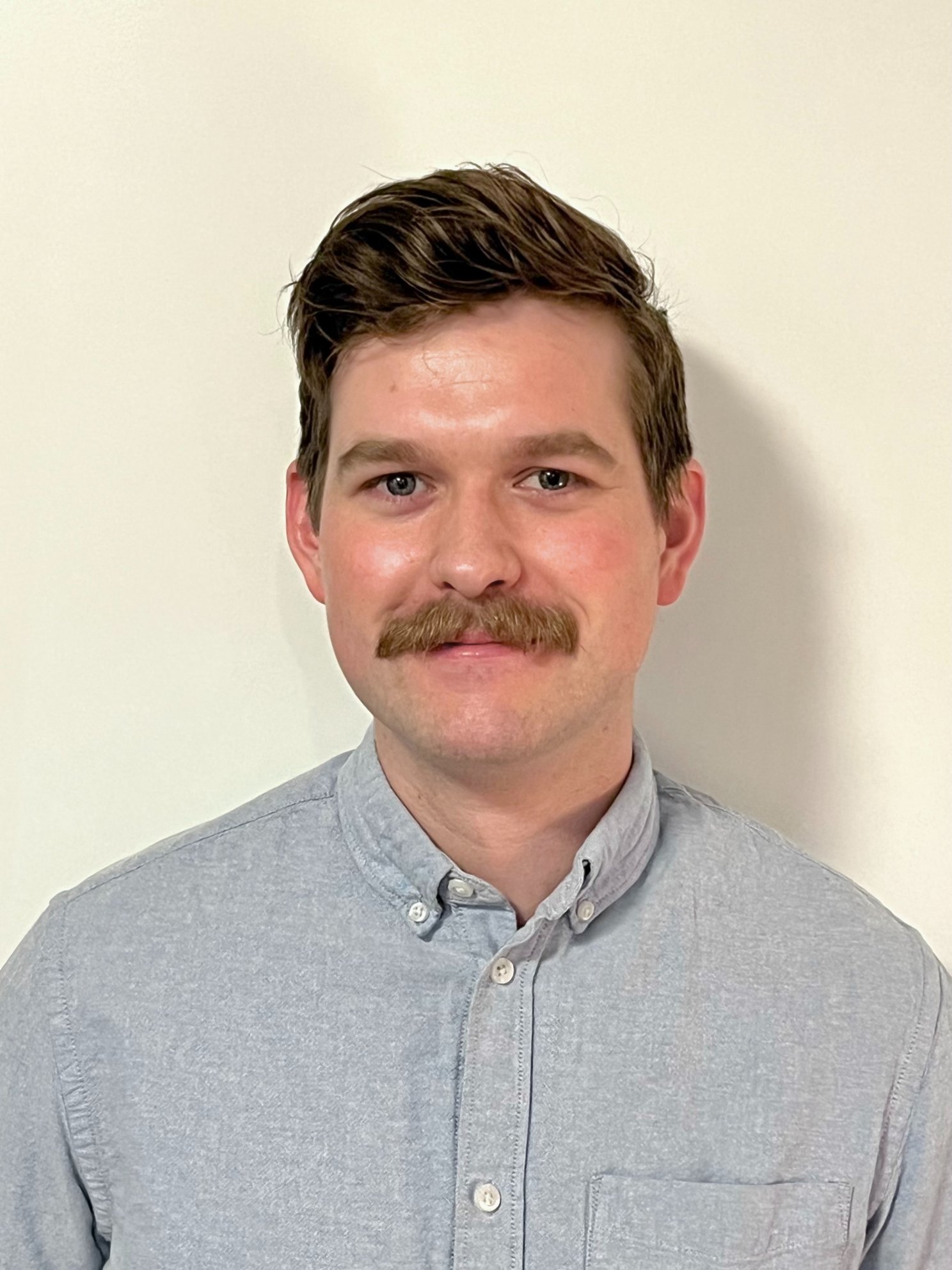 Professional headshot of a man with short brown hair and a mustache wearing a light gray button down shirt against a neutral background.