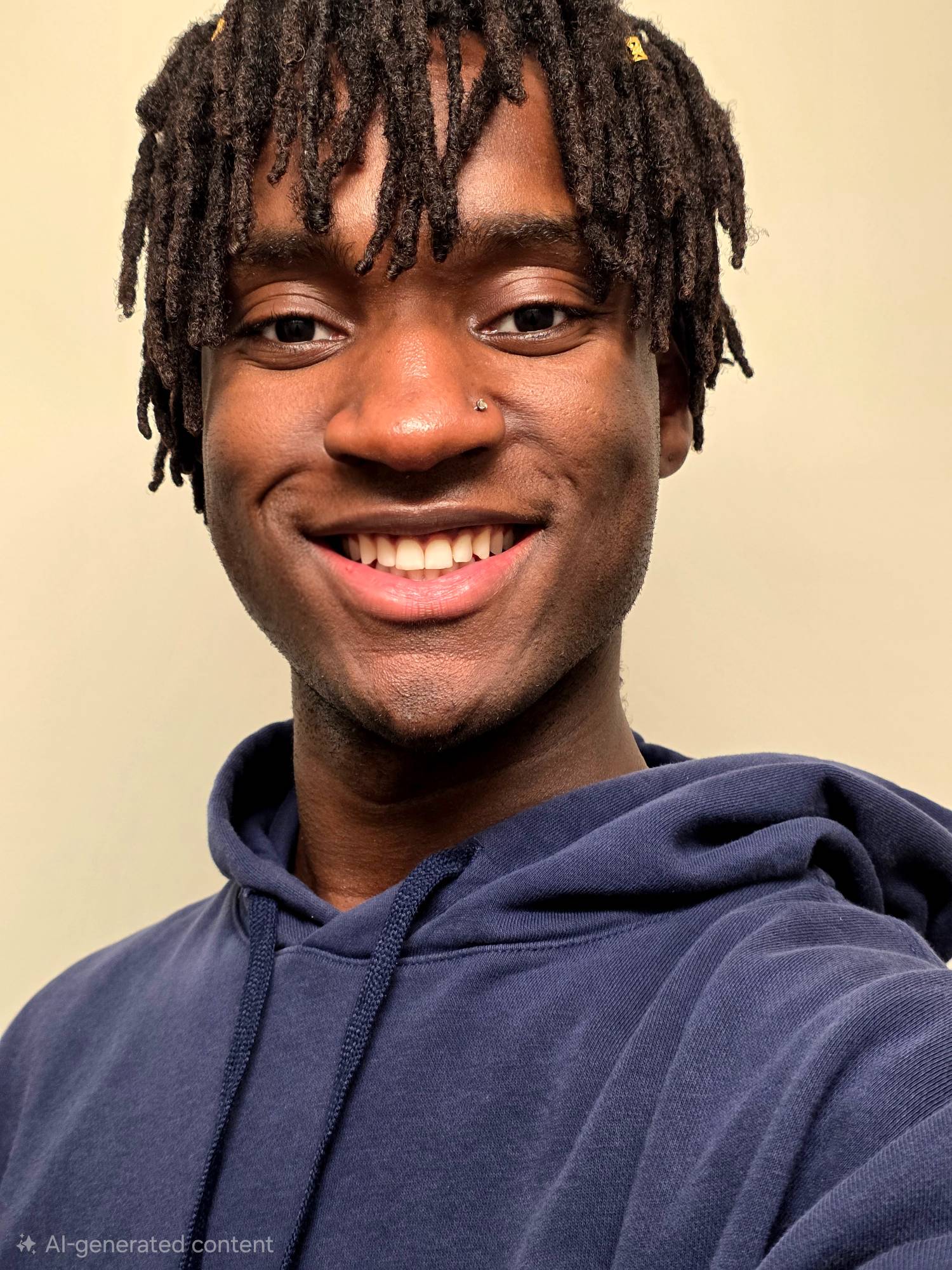 Close up headshot of a smiling man with short locs wearing a dark hoodie against a light background.