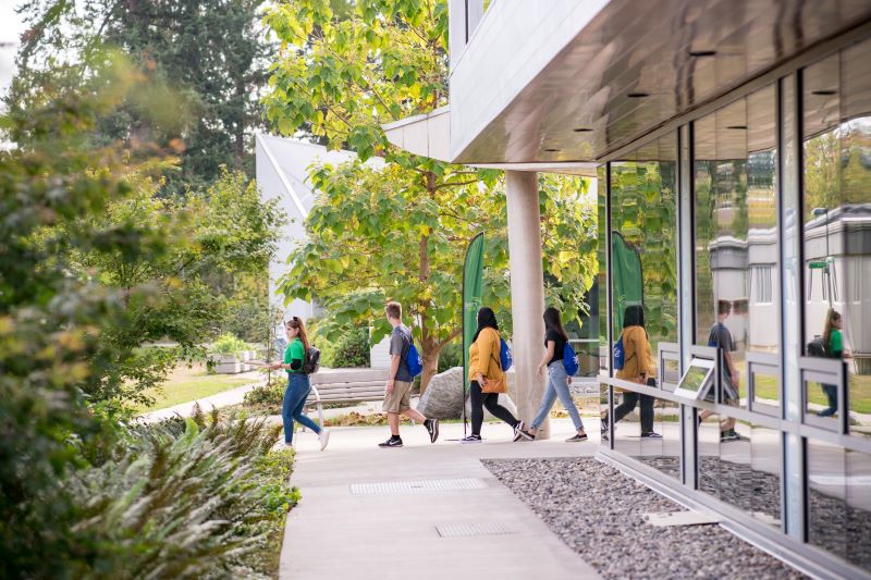 A student group tours UFV's campus