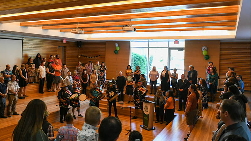 A group of indigenous drummers perform at UFV's gathering place.