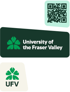Example of graphic shapes holding UFV logos and a QR code