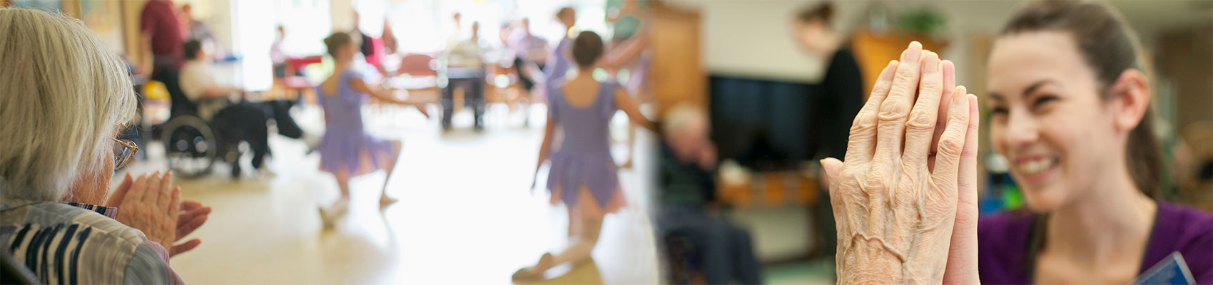 Nurse interacting with a senior in a residential care home and seniors watching kids ballet dancing.